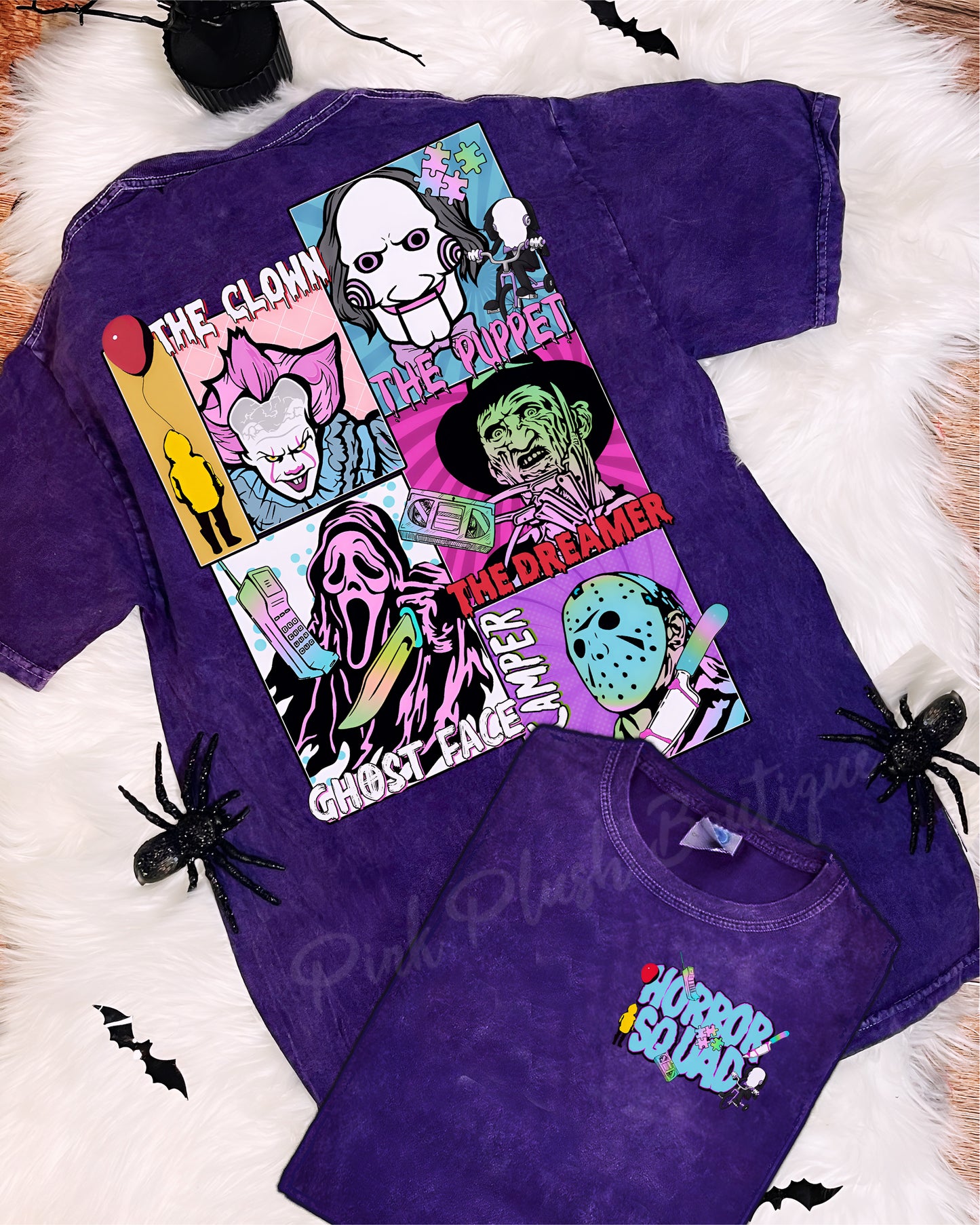 NEW! "Horror Halloween Squad" Distressed Tshirt - Pink Plush Exclusive design Unisex Sizing